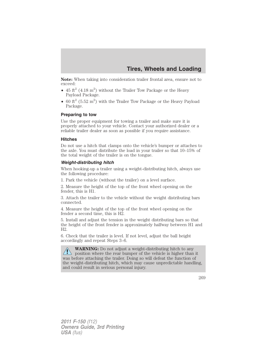 Preparing to tow, Hitches, Weight-distributing hitch | Tires, wheels and loading | FORD 2011 F-150 v.3 User Manual | Page 269 / 464