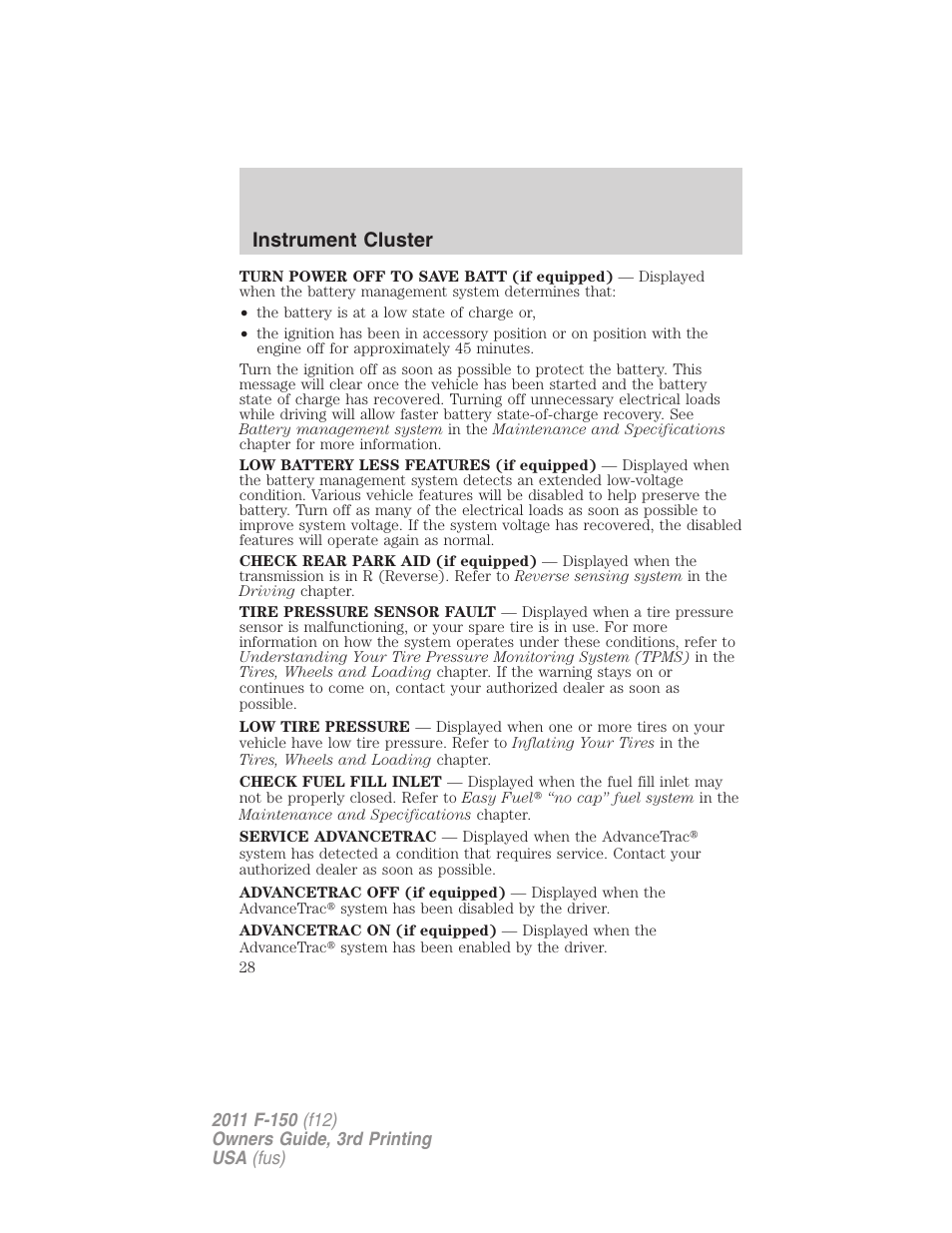 Instrument cluster | FORD 2011 F-150 v.3 User Manual | Page 28 / 464