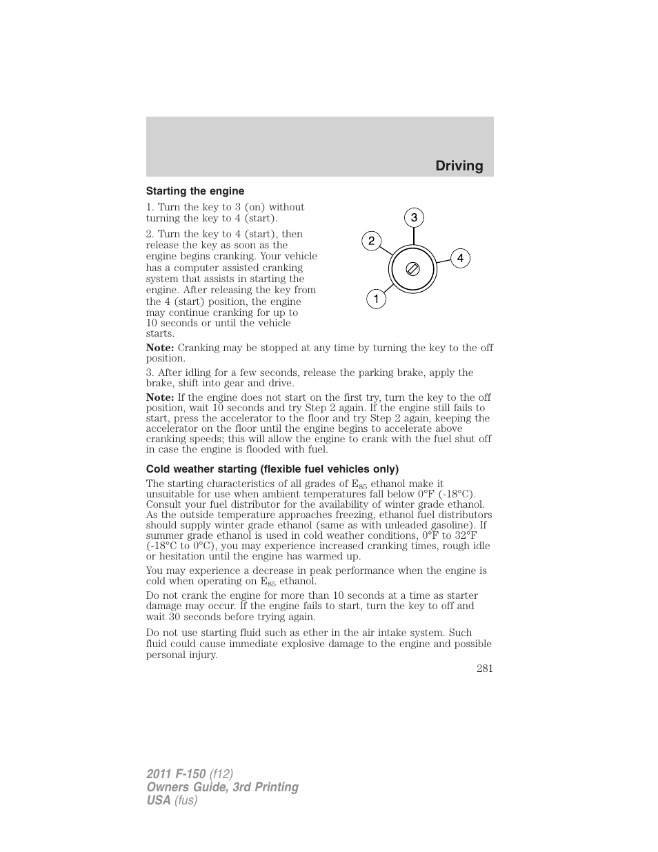 Starting the engine, Driving | FORD 2011 F-150 v.3 User Manual | Page 281 / 464