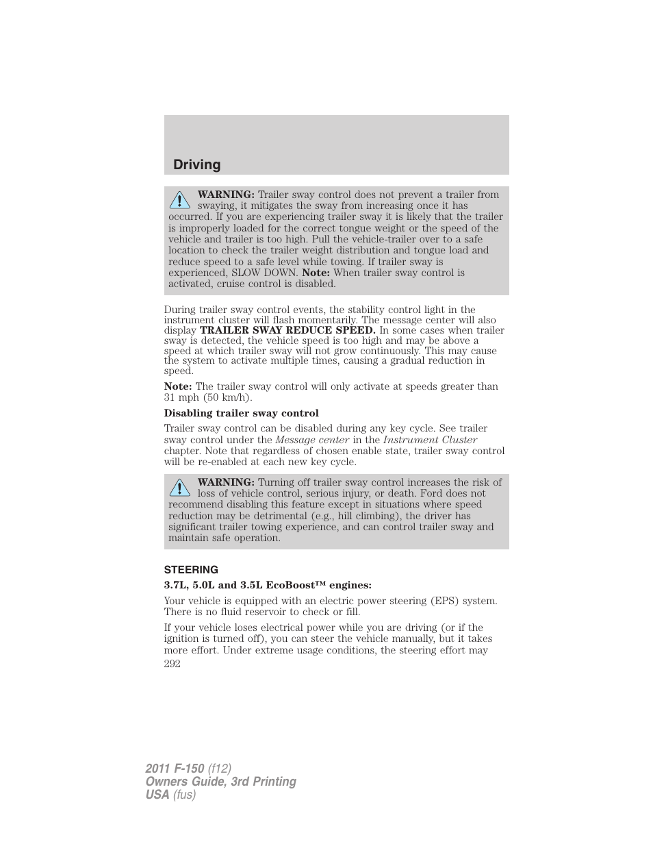 Steering, Driving | FORD 2011 F-150 v.3 User Manual | Page 292 / 464