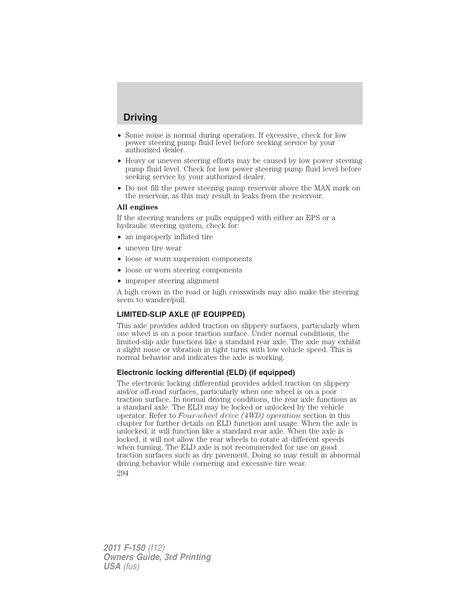 Limited-slip axle (if equipped), Driving | FORD 2011 F-150 v.3 User Manual | Page 294 / 464