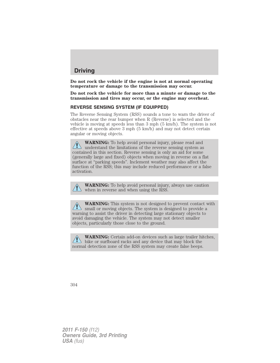 Reverse sensing system (if equipped), Reverse sensing system, Driving | FORD 2011 F-150 v.3 User Manual | Page 304 / 464