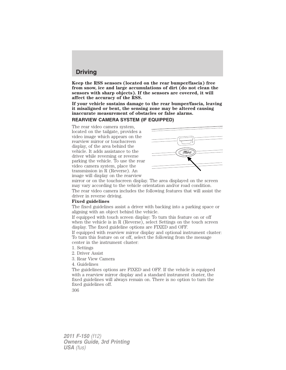 Rearview camera system (if equipped), Rear-view camera system, Driving | FORD 2011 F-150 v.3 User Manual | Page 306 / 464