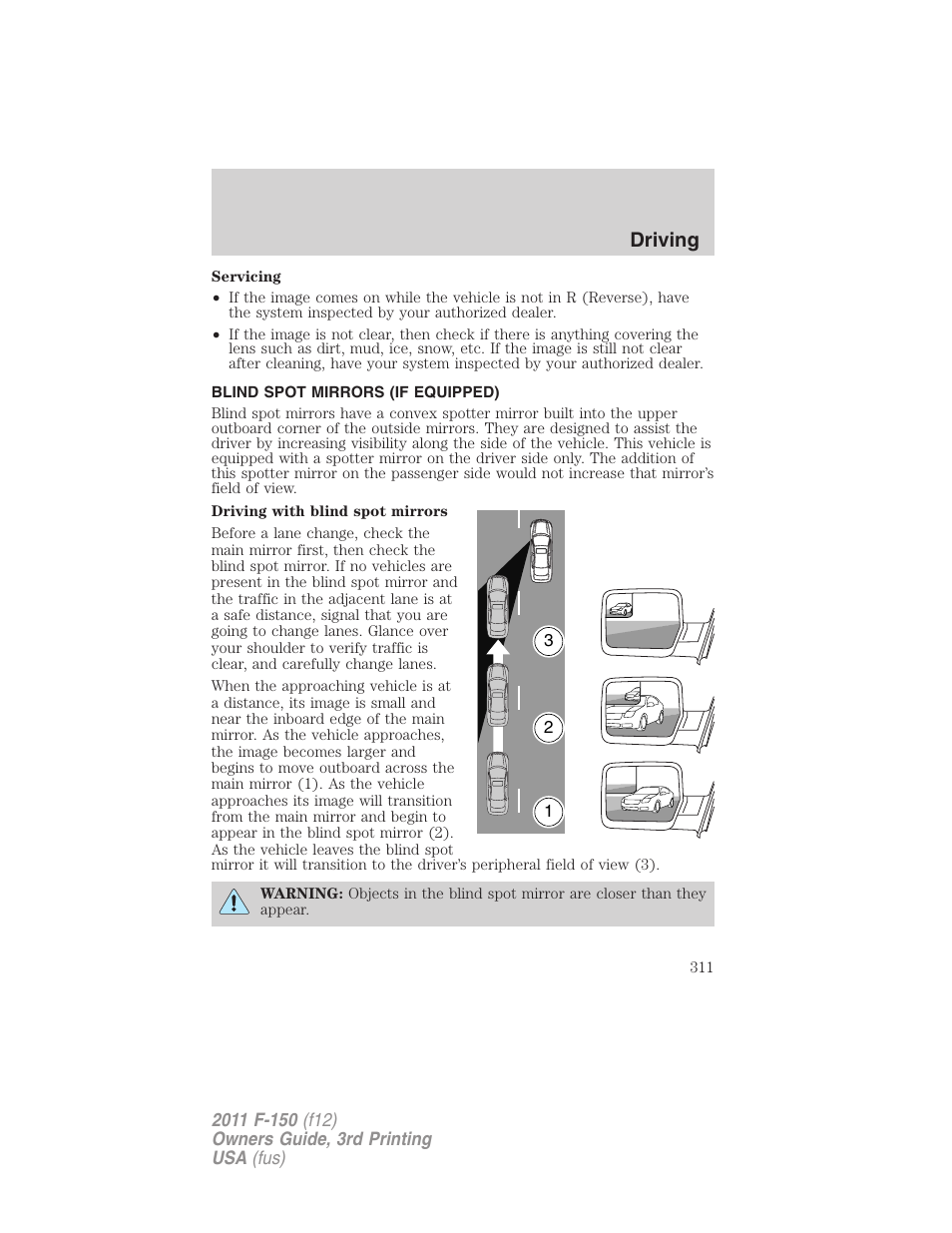 Blind spot mirrors (if equipped), Driving | FORD 2011 F-150 v.3 User Manual | Page 311 / 464