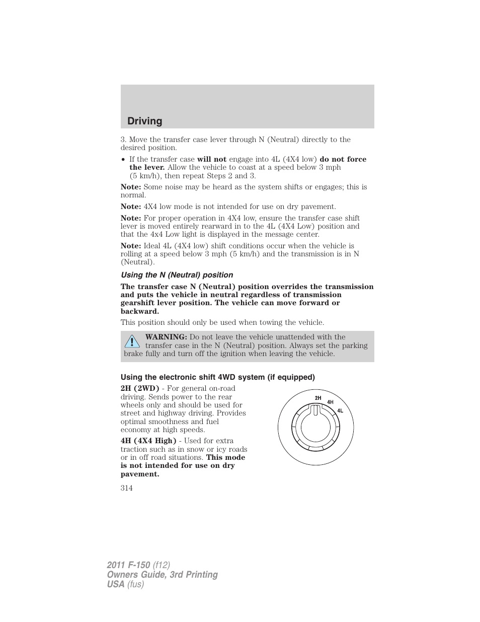 Using the n (neutral) position, Driving | FORD 2011 F-150 v.3 User Manual | Page 314 / 464