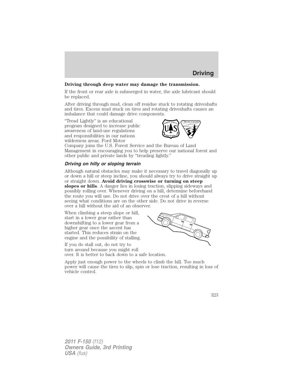 Driving on hilly or sloping terrain, Driving | FORD 2011 F-150 v.3 User Manual | Page 323 / 464