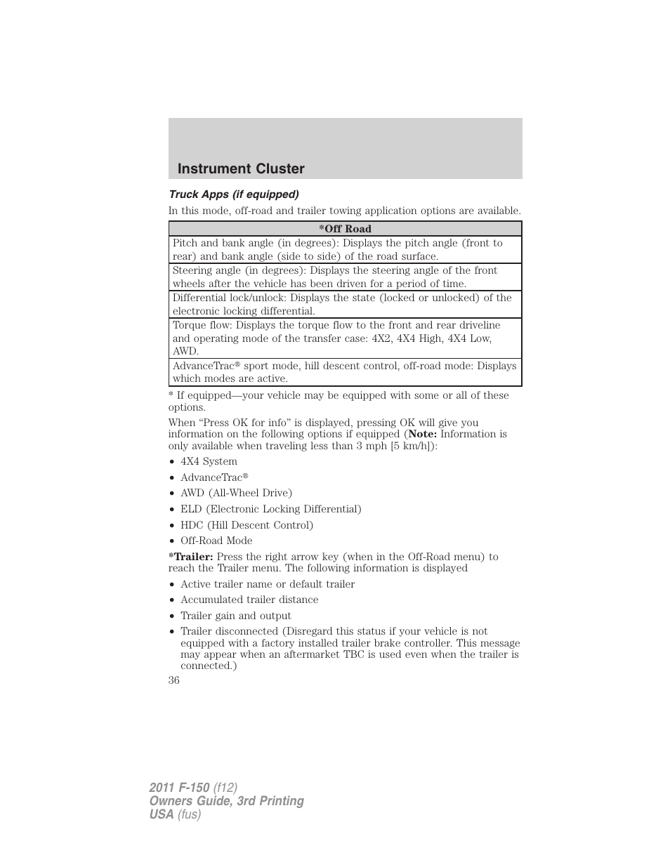 Truck apps (if equipped), Instrument cluster | FORD 2011 F-150 v.3 User Manual | Page 36 / 464