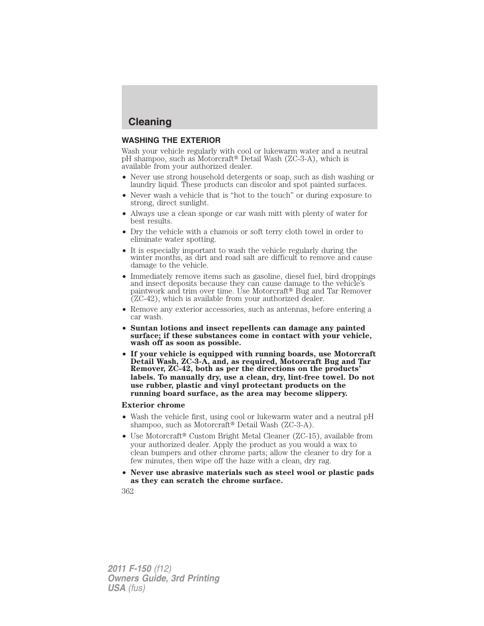 Cleaning, Washing the exterior | FORD 2011 F-150 v.3 User Manual | Page 362 / 464