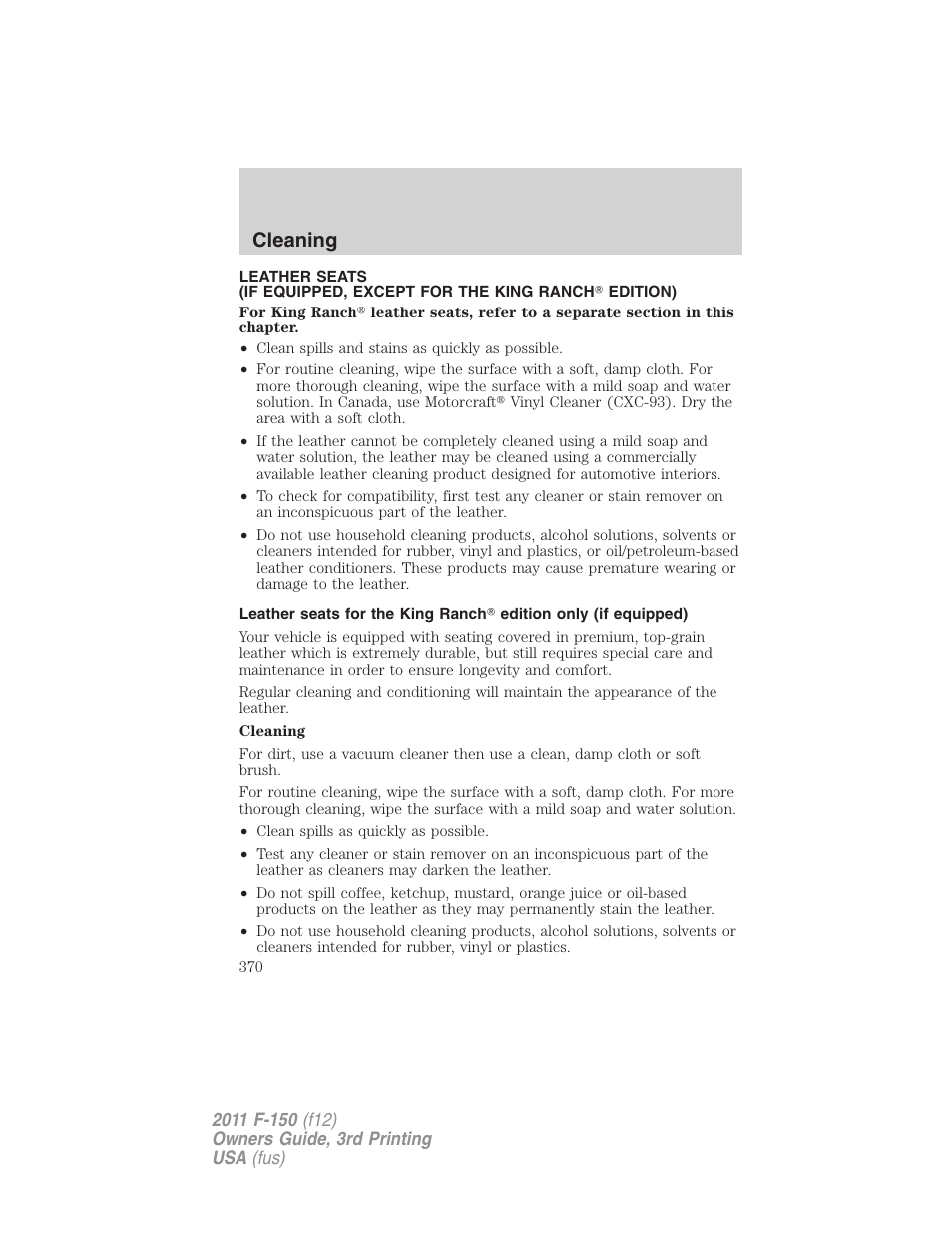 Cleaning | FORD 2011 F-150 v.3 User Manual | Page 370 / 464
