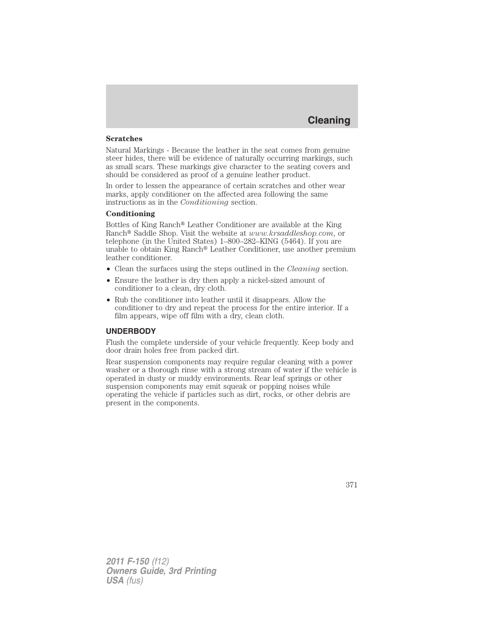 Underbody, Cleaning | FORD 2011 F-150 v.3 User Manual | Page 371 / 464