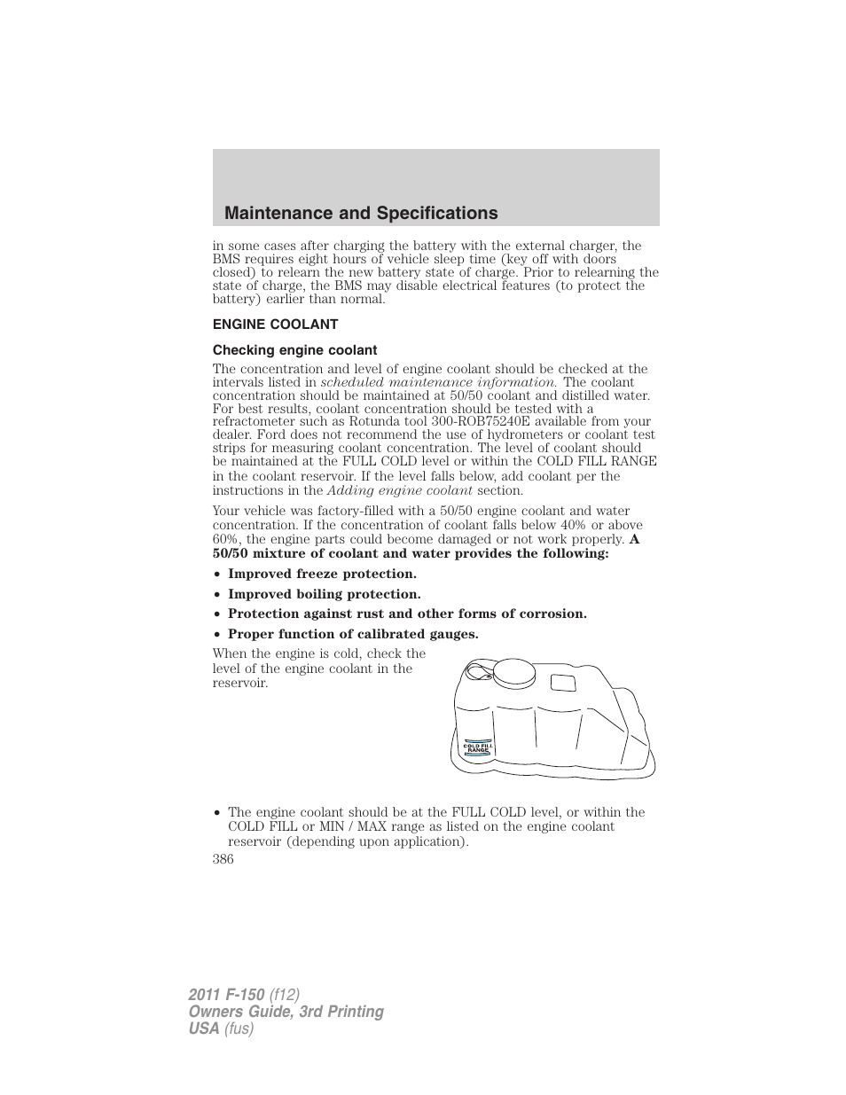 Engine coolant, Checking engine coolant, Maintenance and specifications | FORD 2011 F-150 v.3 User Manual | Page 386 / 464