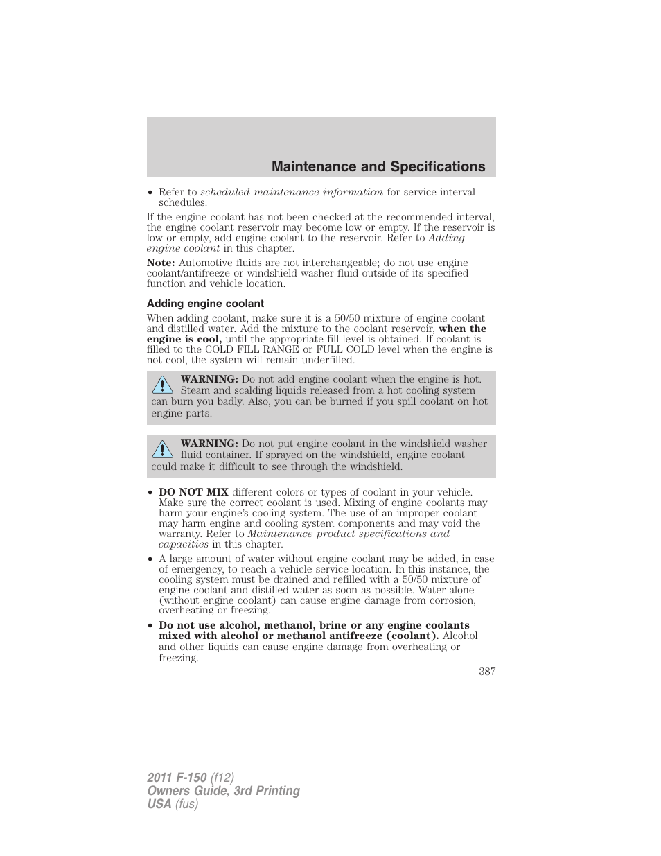 Adding engine coolant, Maintenance and specifications | FORD 2011 F-150 v.3 User Manual | Page 387 / 464