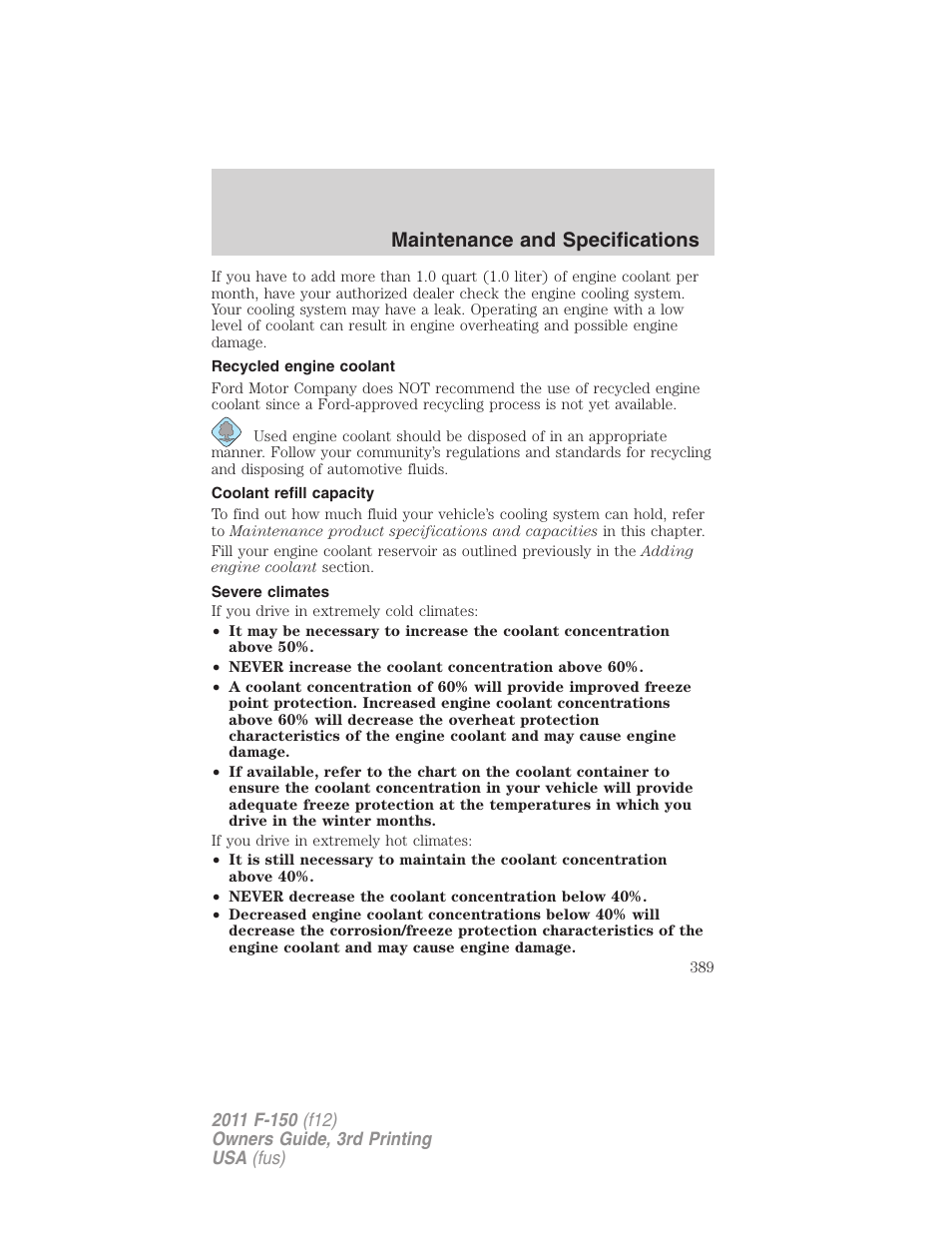Recycled engine coolant, Coolant refill capacity, Severe climates | Maintenance and specifications | FORD 2011 F-150 v.3 User Manual | Page 389 / 464