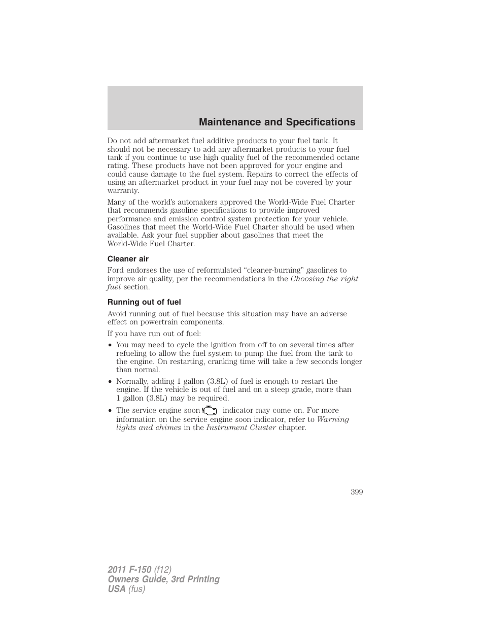 Cleaner air, Running out of fuel, Maintenance and specifications | FORD 2011 F-150 v.3 User Manual | Page 399 / 464