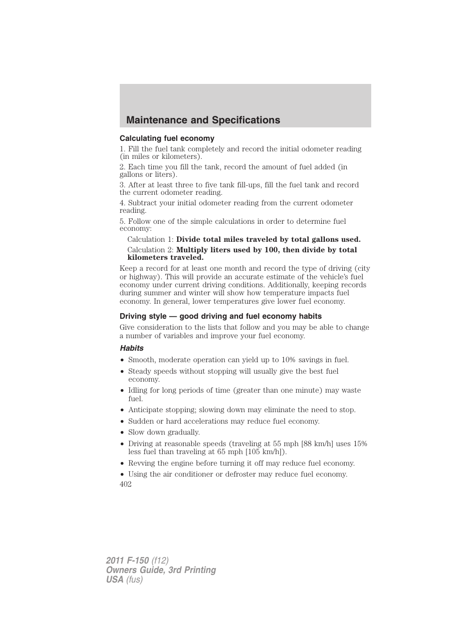 Calculating fuel economy, Habits, Maintenance and specifications | FORD 2011 F-150 v.3 User Manual | Page 402 / 464