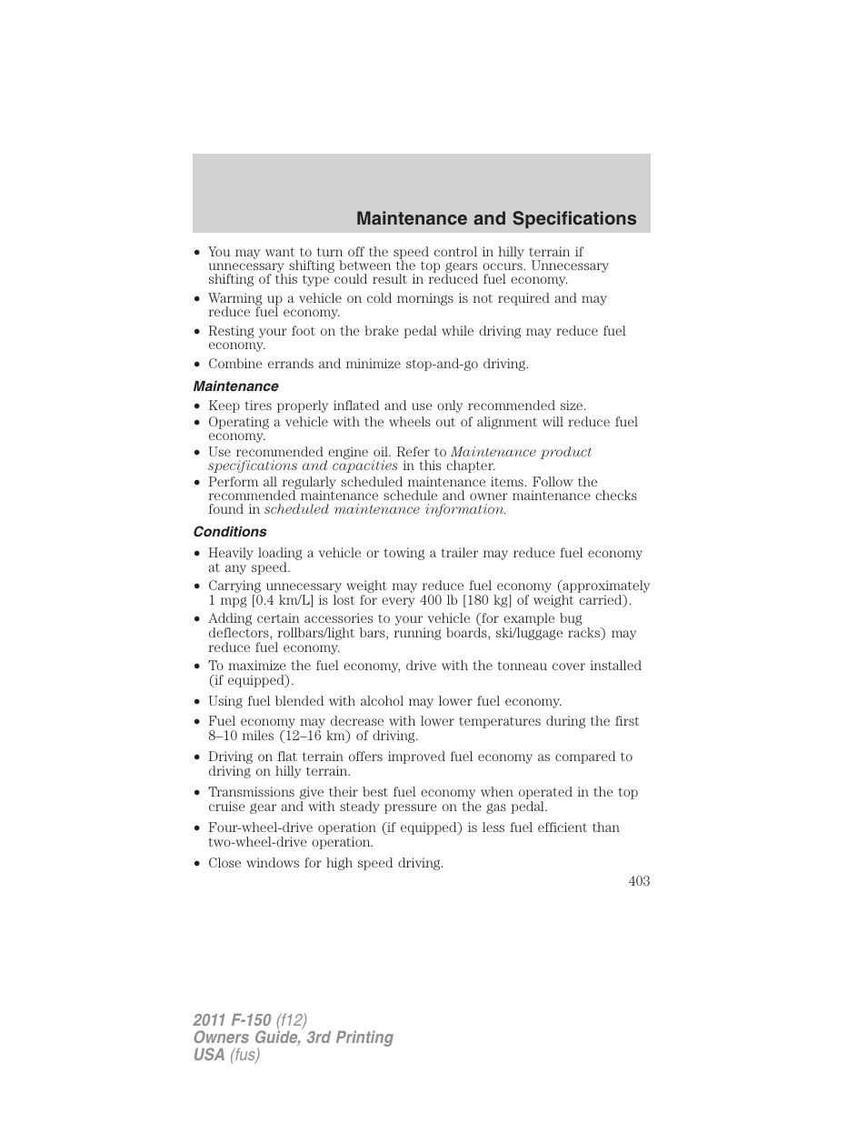 Maintenance, Conditions, Maintenance and specifications | FORD 2011 F-150 v.3 User Manual | Page 403 / 464