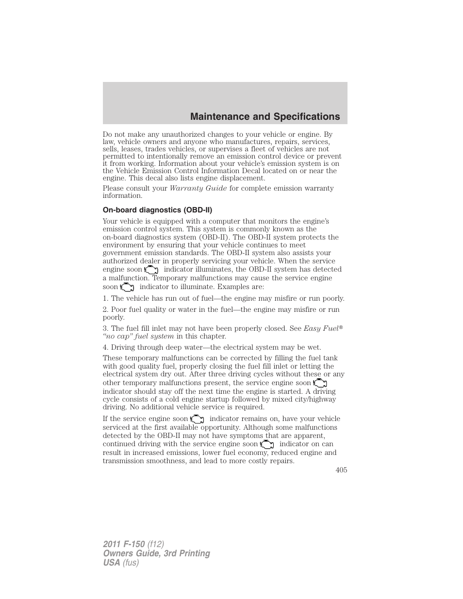 On-board diagnostics (obd-ii), Maintenance and specifications | FORD 2011 F-150 v.3 User Manual | Page 405 / 464