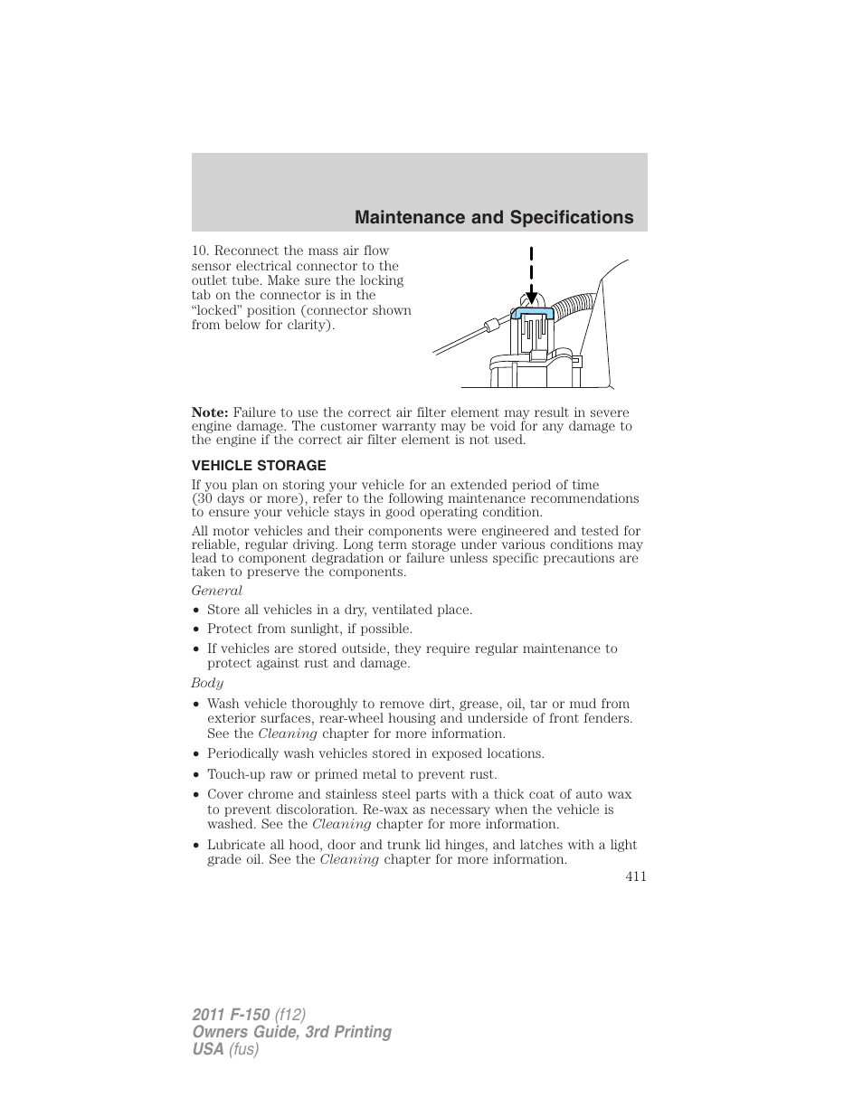 Vehicle storage, Maintenance and specifications | FORD 2011 F-150 v.3 User Manual | Page 411 / 464