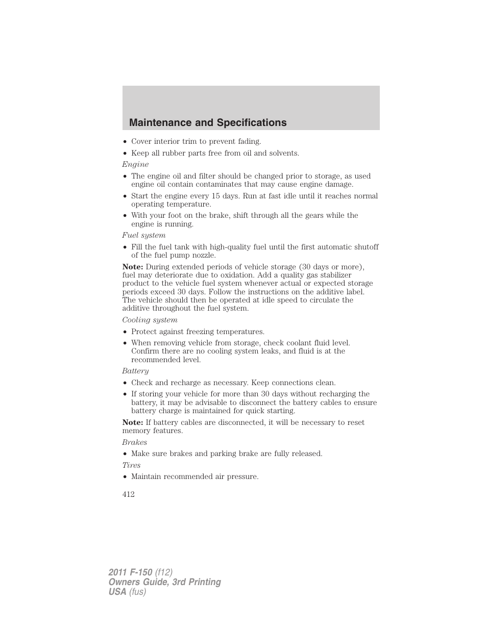 Maintenance and specifications | FORD 2011 F-150 v.3 User Manual | Page 412 / 464