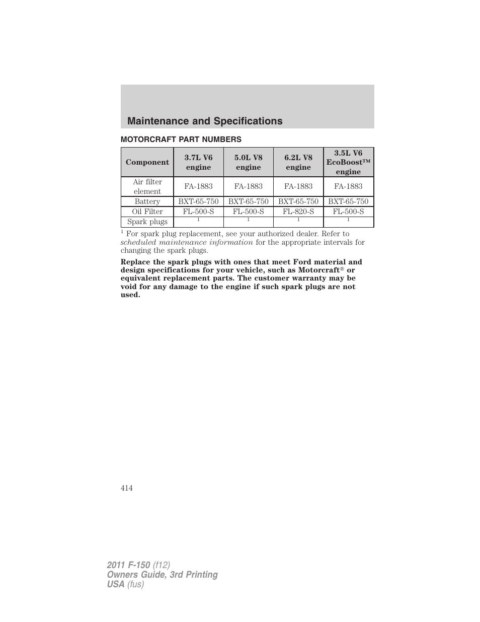 Motorcraft part numbers, Part numbers, Maintenance and specifications | FORD 2011 F-150 v.3 User Manual | Page 414 / 464