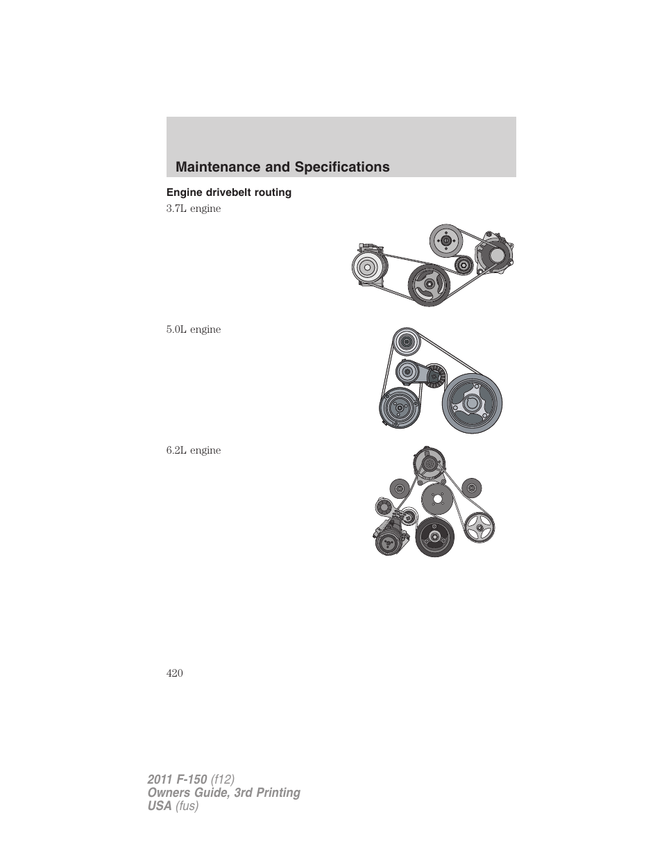 Engine drivebelt routing, Maintenance and specifications | FORD 2011 F-150 v.3 User Manual | Page 420 / 464