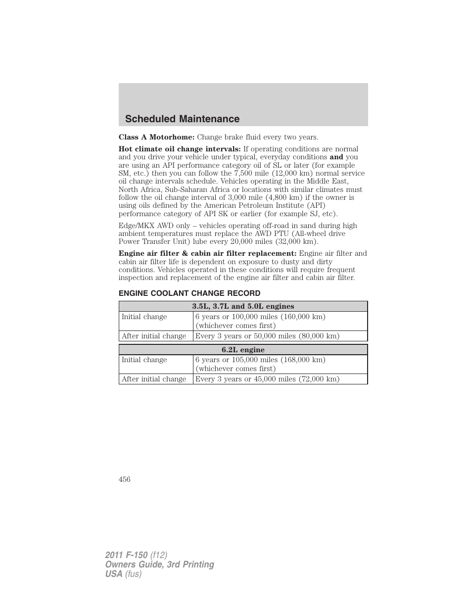 Engine coolant change record, Scheduled maintenance | FORD 2011 F-150 v.3 User Manual | Page 456 / 464