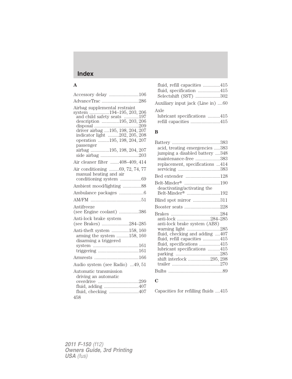 Index | FORD 2011 F-150 v.3 User Manual | Page 458 / 464