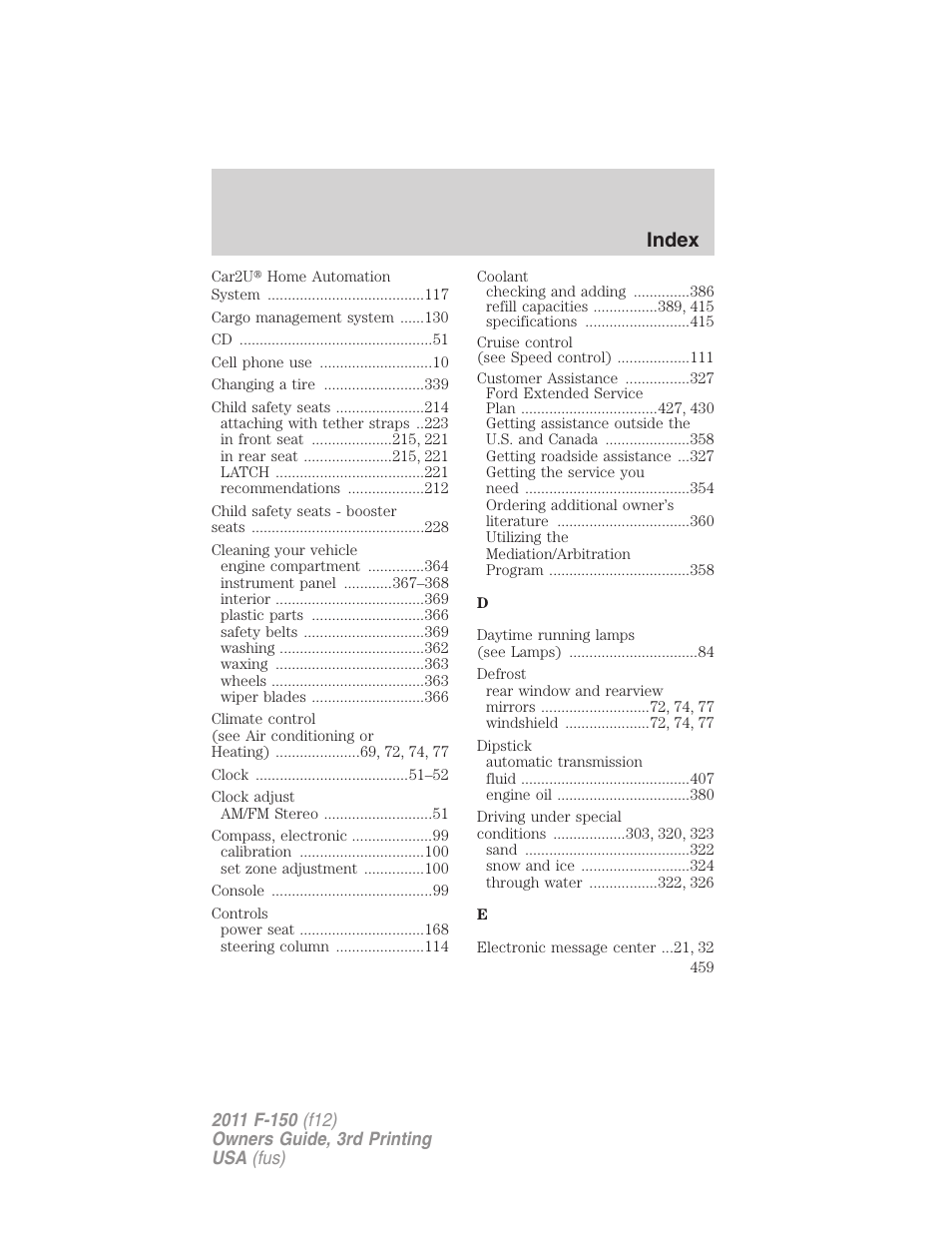 Index | FORD 2011 F-150 v.3 User Manual | Page 459 / 464