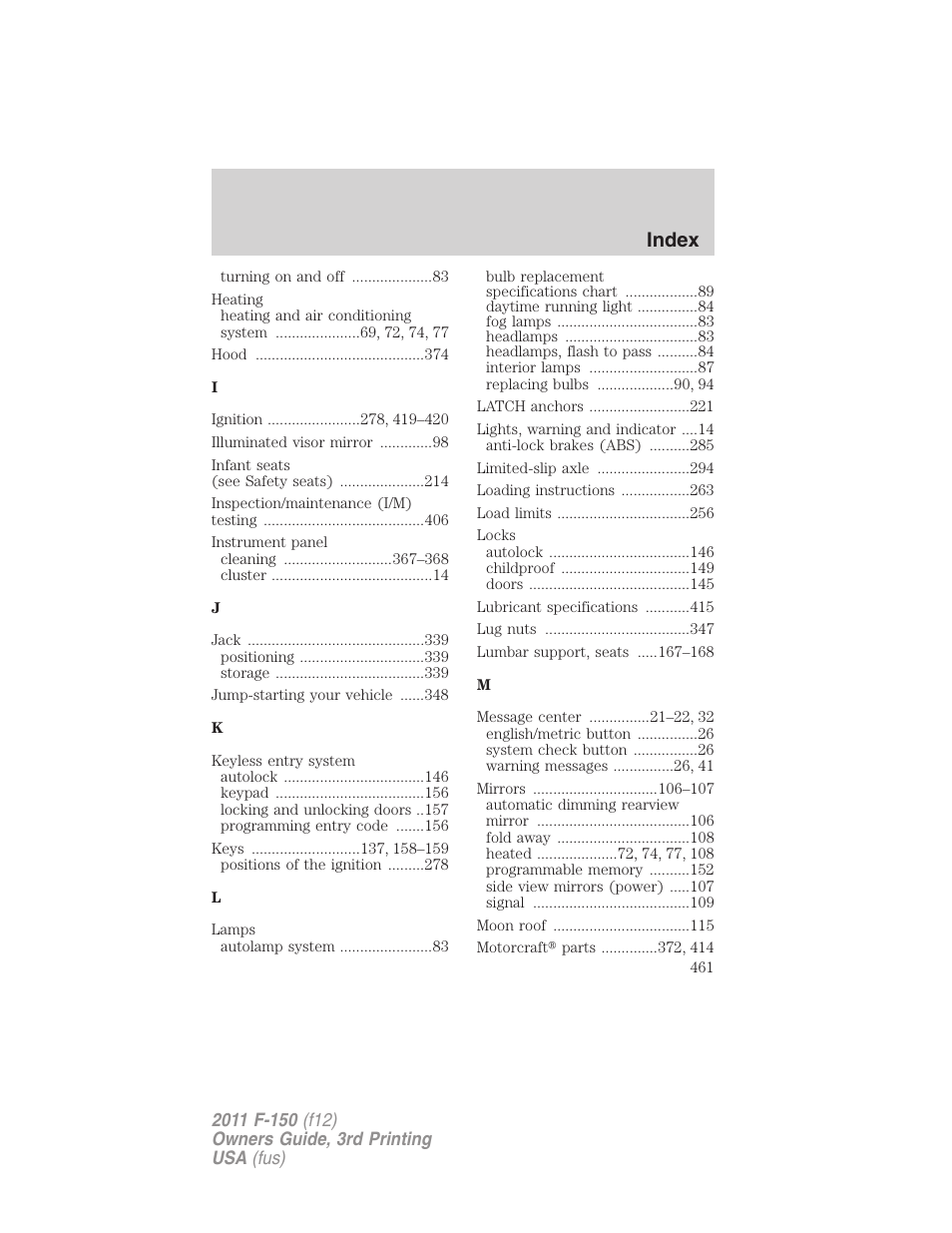 Index | FORD 2011 F-150 v.3 User Manual | Page 461 / 464