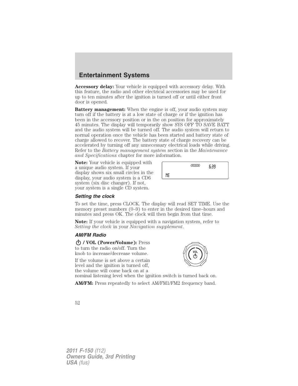 Setting the clock, Am/fm radio, Entertainment systems | FORD 2011 F-150 v.3 User Manual | Page 52 / 464