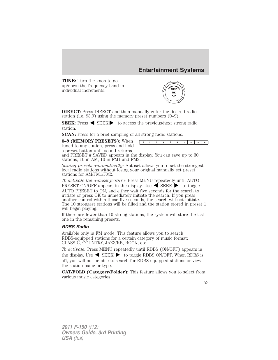 Rdbs radio, Entertainment systems | FORD 2011 F-150 v.3 User Manual | Page 53 / 464