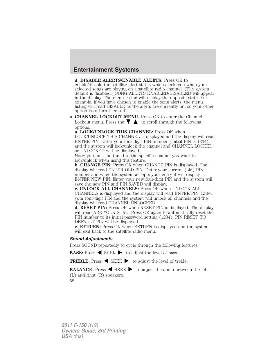 Sound adjustments, Entertainment systems | FORD 2011 F-150 v.3 User Manual | Page 58 / 464