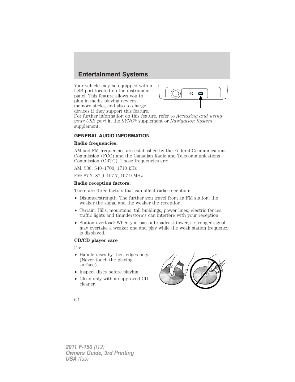 General audio information, Entertainment systems | FORD 2011 F-150 v.3 User Manual | Page 62 / 464