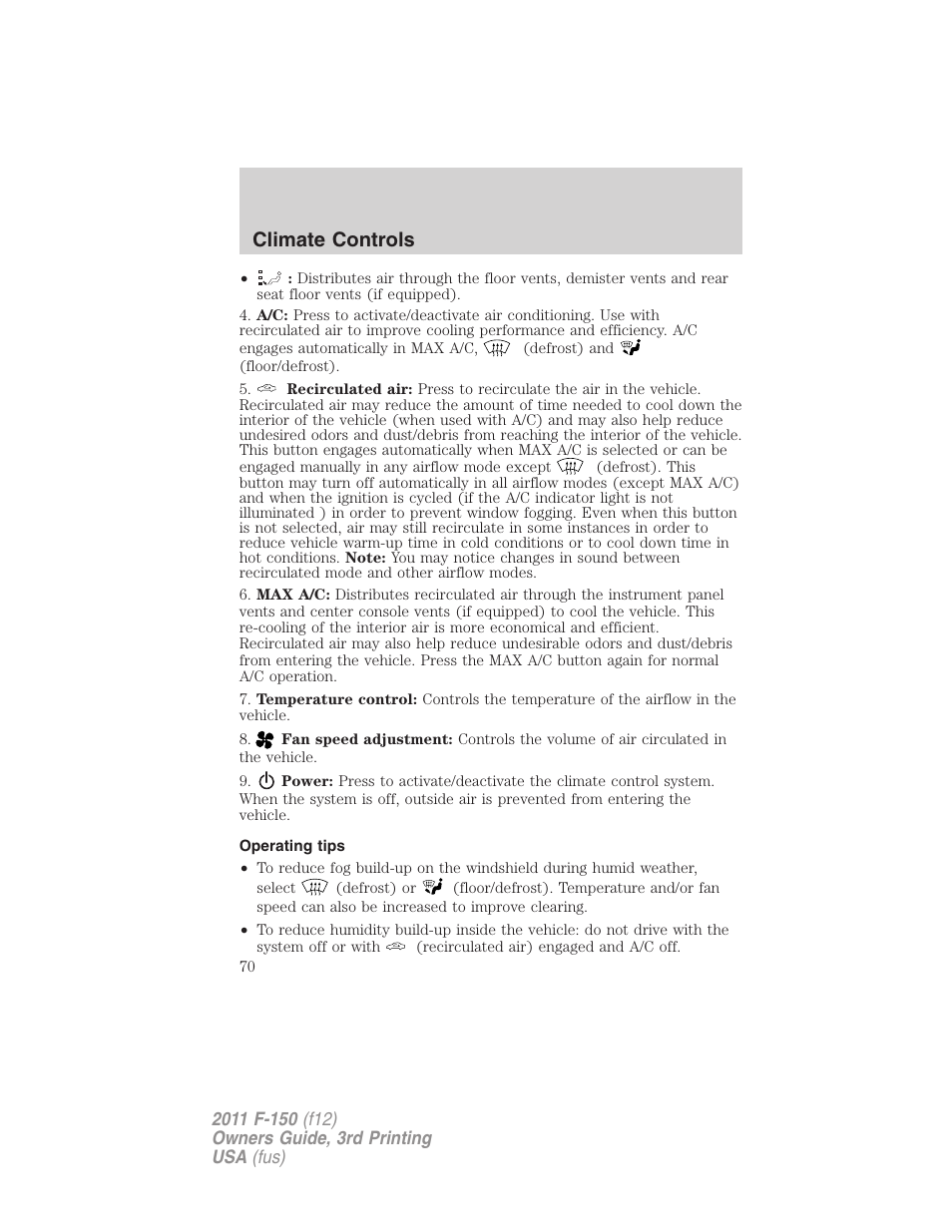 Operating tips, Climate controls | FORD 2011 F-150 v.3 User Manual | Page 70 / 464