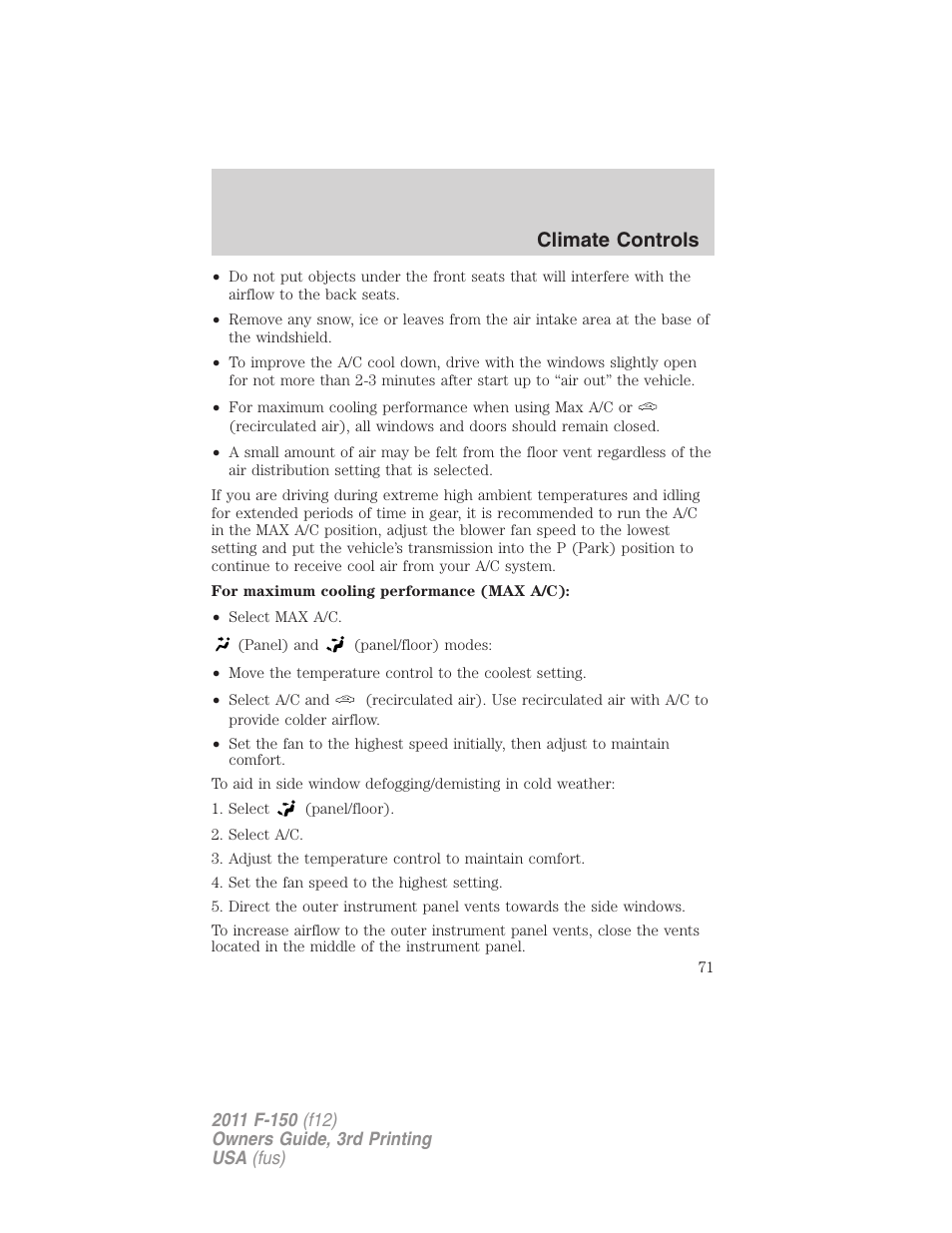 Climate controls | FORD 2011 F-150 v.3 User Manual | Page 71 / 464