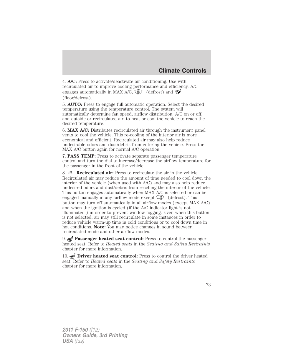 Climate controls | FORD 2011 F-150 v.3 User Manual | Page 73 / 464