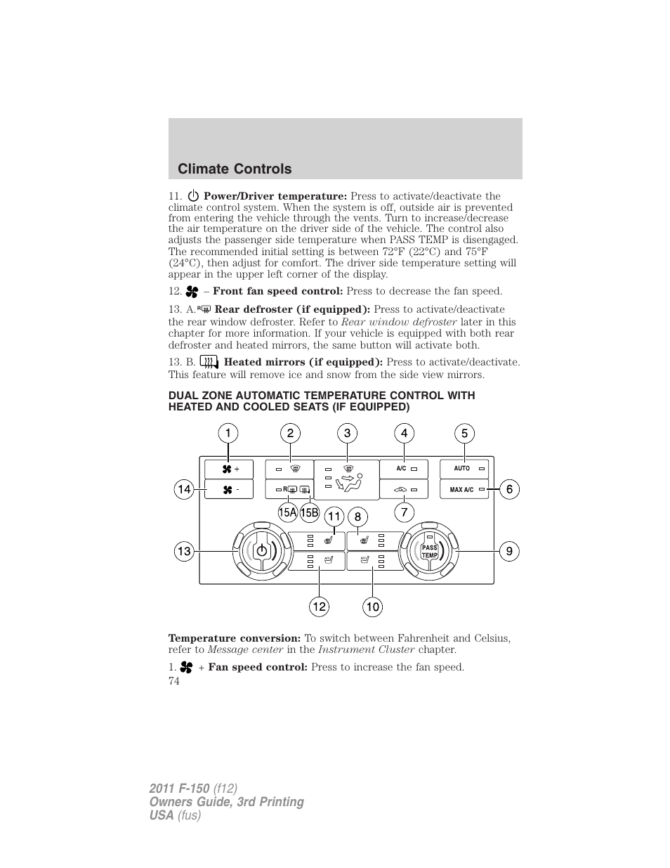 Climate controls | FORD 2011 F-150 v.3 User Manual | Page 74 / 464