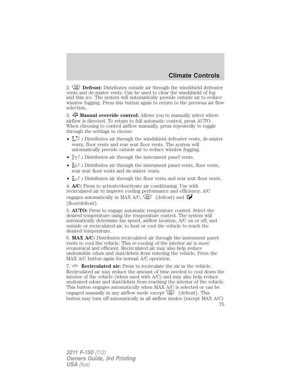 Climate controls | FORD 2011 F-150 v.3 User Manual | Page 75 / 464