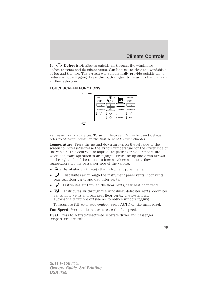 Touchscreen functions, Climate controls | FORD 2011 F-150 v.3 User Manual | Page 79 / 464