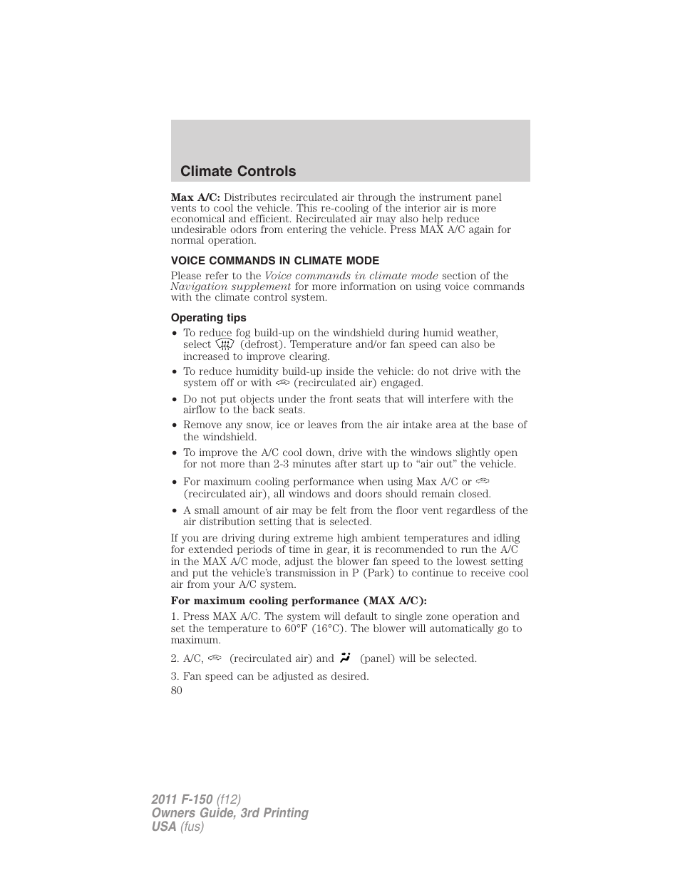 Voice commands in climate mode, Operating tips, Climate controls | FORD 2011 F-150 v.3 User Manual | Page 80 / 464