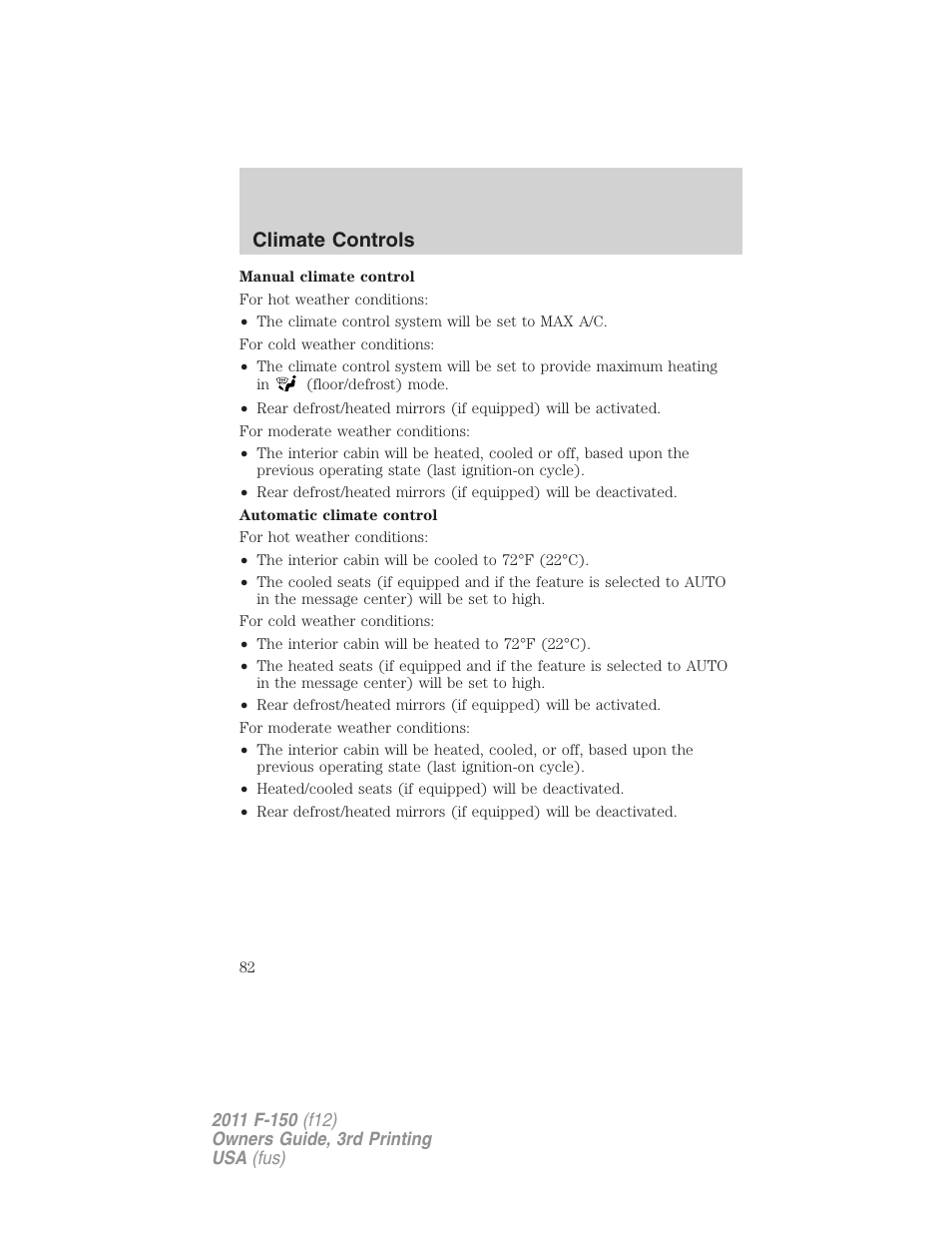 Climate controls | FORD 2011 F-150 v.3 User Manual | Page 82 / 464