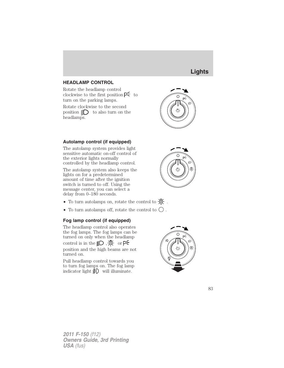 Lights, Headlamp control, Autolamp control (if equipped) | Fog lamp control (if equipped), Headlamps | FORD 2011 F-150 v.3 User Manual | Page 83 / 464