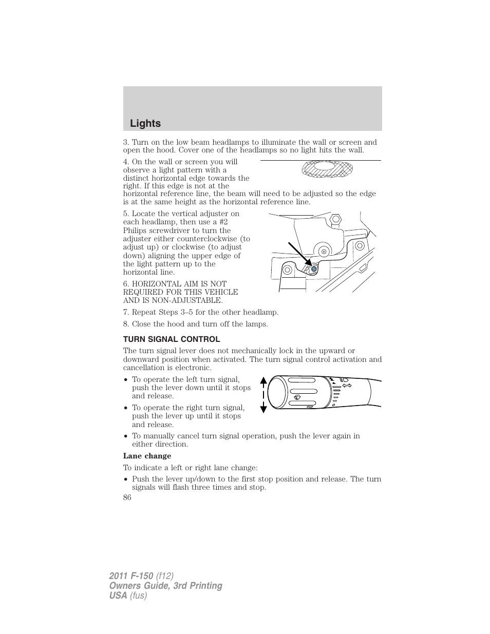 Turn signal control, Lights | FORD 2011 F-150 v.3 User Manual | Page 86 / 464