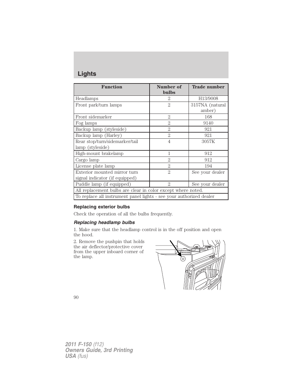 Replacing exterior bulbs, Replacing headlamp bulbs, Lights | FORD 2011 F-150 v.3 User Manual | Page 90 / 464