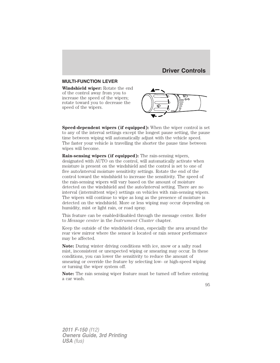 Driver controls, Multi-function lever, Windshield wiper/washer control | FORD 2011 F-150 v.3 User Manual | Page 95 / 464