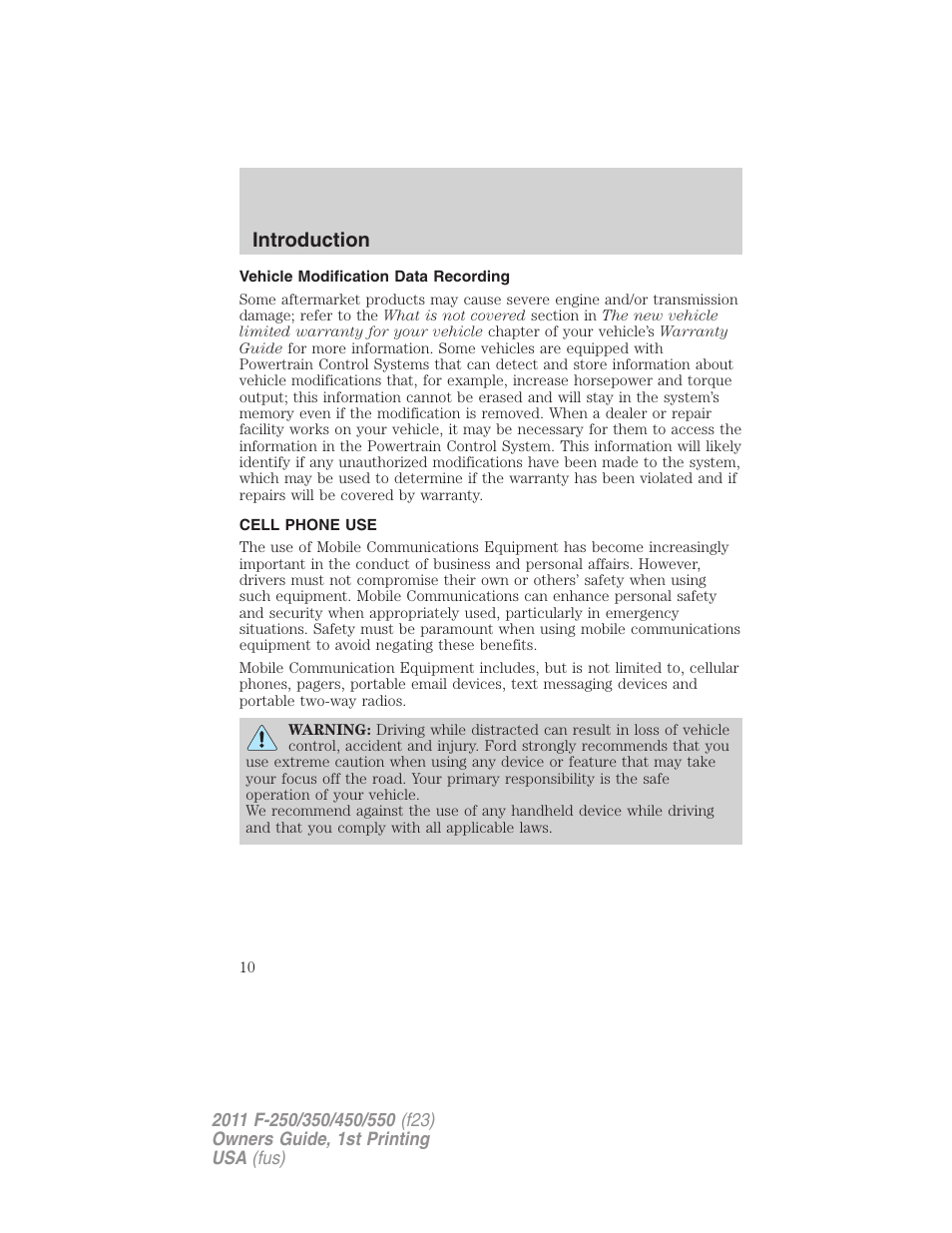 Vehicle modification data recording, Cell phone use, Introduction | FORD 2011 F-550 v.1 User Manual | Page 10 / 441