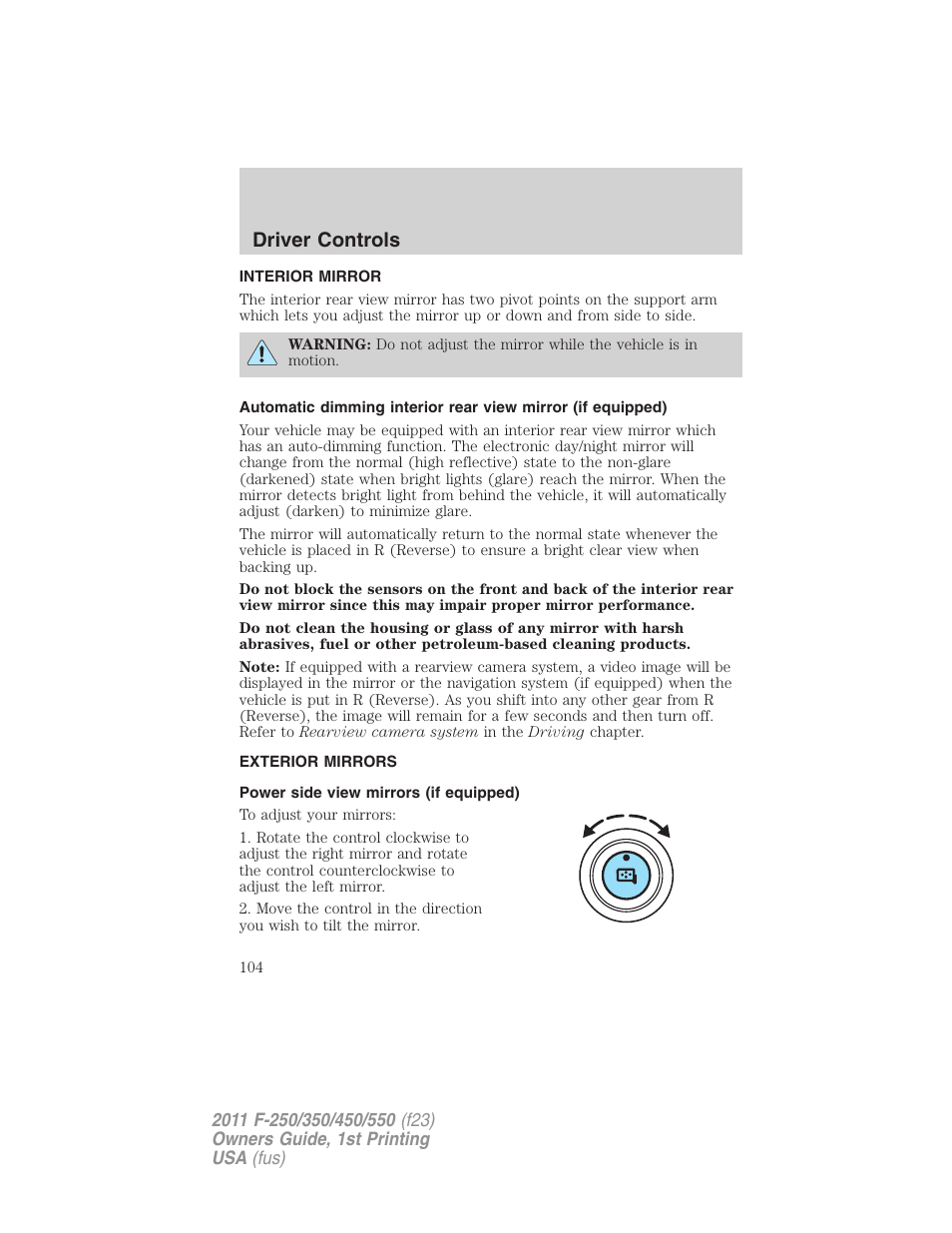 Interior mirror, Exterior mirrors, Power side view mirrors (if equipped) | Mirrors, Driver controls | FORD 2011 F-550 v.1 User Manual | Page 104 / 441