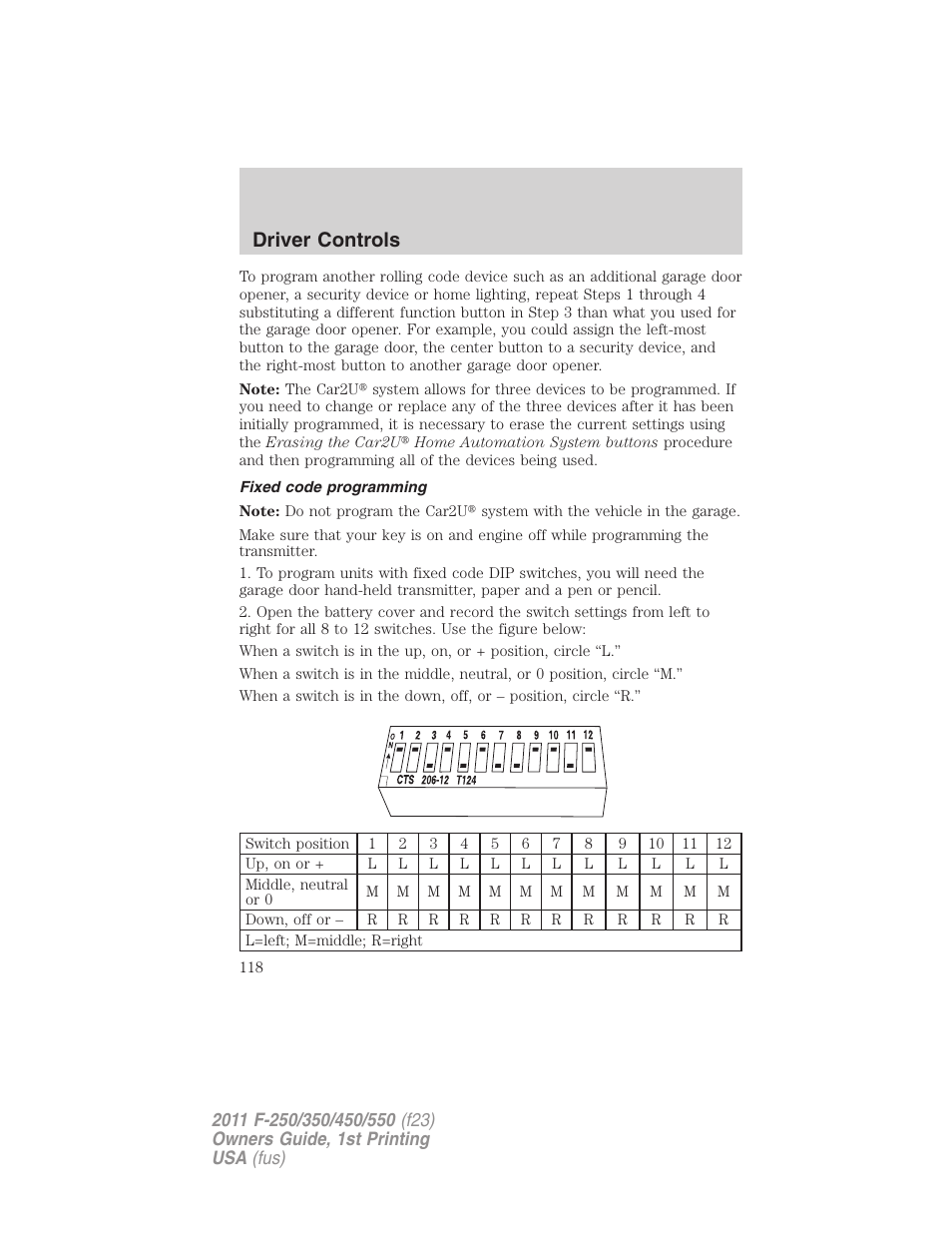 Fixed code programming, Driver controls | FORD 2011 F-550 v.1 User Manual | Page 118 / 441