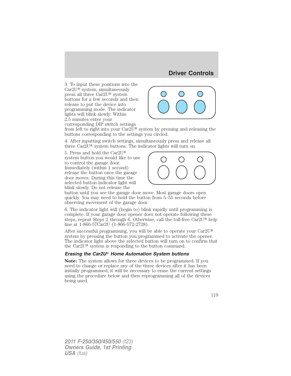 Erasing the car2u home automation system buttons, Driver controls | FORD 2011 F-550 v.1 User Manual | Page 119 / 441