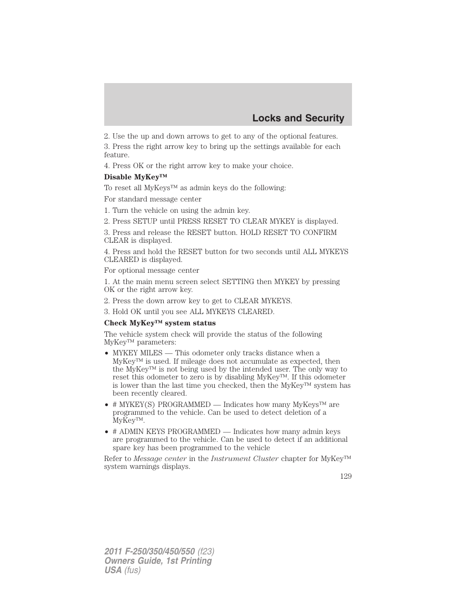 Locks and security | FORD 2011 F-550 v.1 User Manual | Page 129 / 441